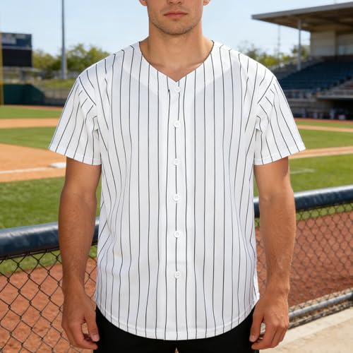 Camiseta de Béisbol Negra con Rayas Blancas, Botones y Manga Corta para Deportes y Uso Casual miniatura 1