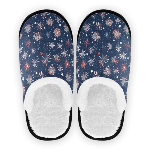 Women's Men's Fuzzy Slippers Cozy House Shoes Travel Warm Fireworks Slippers
