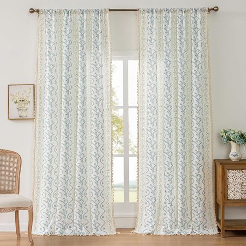 Image of Blue| Sage on White Boho Curtains 72 Inch Long for Living Room, Bedroom, 2 Panels Floral Farmhouse Vintage Tassel Semi Sheer Privacy Window Curtain Drapes with Rod Pocket