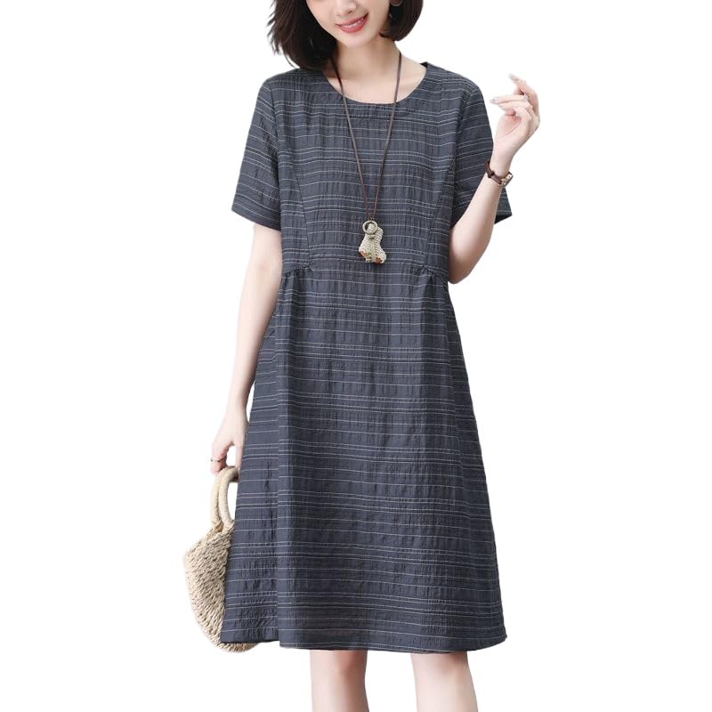 Abito da donna in cotone e lino, gonna corta con scollo rotondo, stile bohémien, adatto per spiaggia estiva e attività ricreative