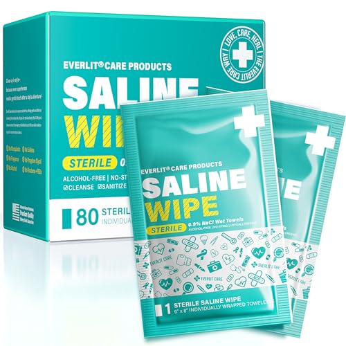 EVERLIT CARE Saline Wipes | 80 Pcs Sterile Wet Towelettes Formulated for Sensitive Skin | Nose Piercing Aftercare Baby & Kids | No-sting Alcohol-Free Wipes with Aloe Vera | 6 x 8 Extra Large Sheet