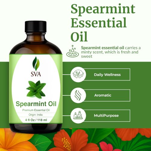 Image of SVA Spearmint Essential Oil, Glass Bottle with Dropper, 4 Fl Oz (118 ml) | Spearmint Essential Oil for Diffuser, Room Spray, Skin Care, Hair Care, Massage, Soap Making, Candle Making, Fragrance & DIY