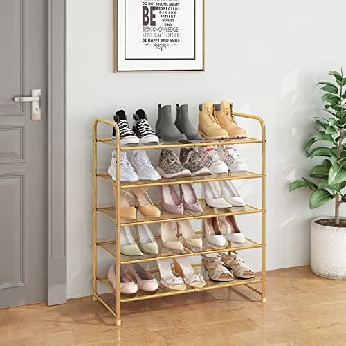 Image of Simple Trending 5-Tier Stackable Shoe Rack, Expandable & Adjustable Shoe Shelf Storage Organizer, Metal Mesh, Gold