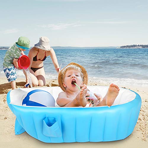 Baby Inflatable Bathtub with Air Pump - Portable Travel Toddler Bathing Tub - Kids Foldable Shower Tub for Girl and Boy, Mini Air Swimming Pool, Blue