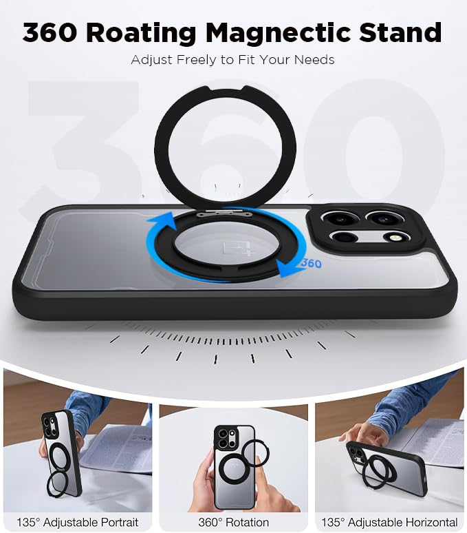Image of RIGGEAR Shockproof Sleek Hybrid Armor 360 Rotating Magnetic Ring Stand Back Cover Case Compatible with MagSafe Accessories for OnePlus Nord 6 5G / Nord CE 6 5G (Clear PC + Black TPU Bumper)