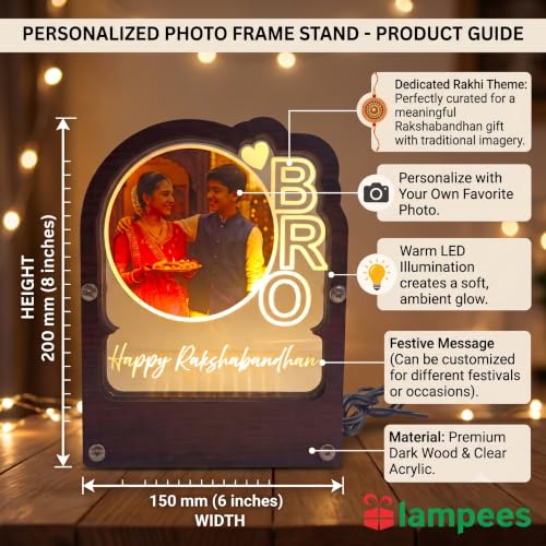 Image of lampees Personalised Rakshabandhan BRO LED Photo Frame Stand | Warm LED Illumination, Dark Wood & Acrylic, Custom Photo Upload