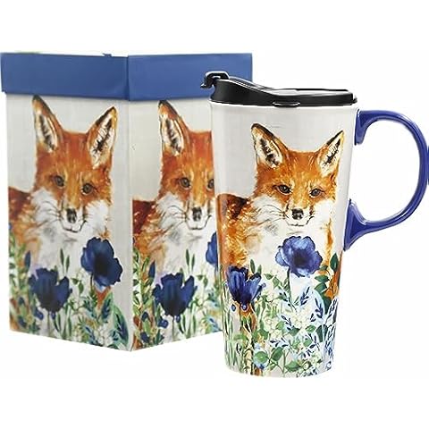 Travel Coffee Ceramic Mug Porcelain Latte Tea Cup With Lid in Gift Box 17oz. Cute Fox Cover