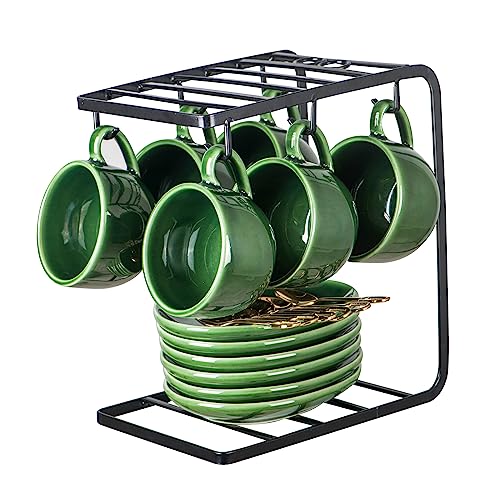 vicrays Set di 6 tazzine da caffè espresso in ceramica, con piattini, cucchiai e supporto in metallo, per tè, cappuccino, latte, 113,4 g, colore: verde