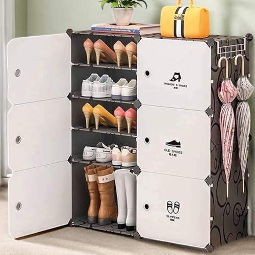 Image of Sunderlook Shoe Rack Plastic for Home- Slipper Stand, Professional Shoe Stand, Chappal Stand, Multipurpose Foldable Standing Comfort Runner Shoe Rack with Door (Black & White, 12 Shelf 6 Door)