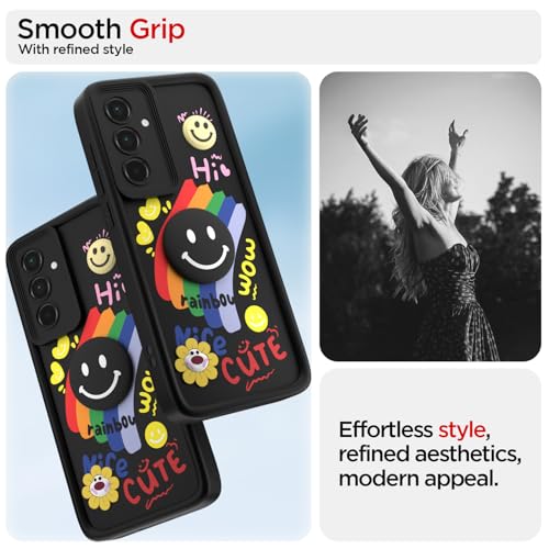 Image of Pikkme Back Cover for Samsung Galaxy A55 5G | Soft Silicone| Cute Rainbow Smile & 3D Cartoon Flower Design | Shockproof Raised Camera Protection Bumper Case (Black)