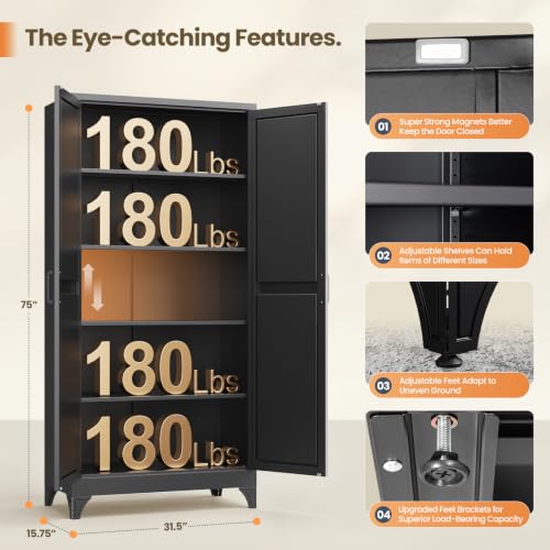 Image of Yizosh 75 inch H Tall Metal Kitchen Pantry Storage Cabinets Cupboard
