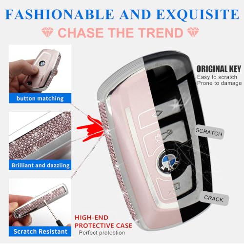 Image of Creativity for BMW X5 Key Cover and Key Chain Accessories (Pink Set) | TPU key box with Rhinestones is compatible with X1 X3 X4 X5 X6 1 2 4 5 6 7 M3 M5 M6 GT3 GT5 G30 F10 F15 F16 F20 key