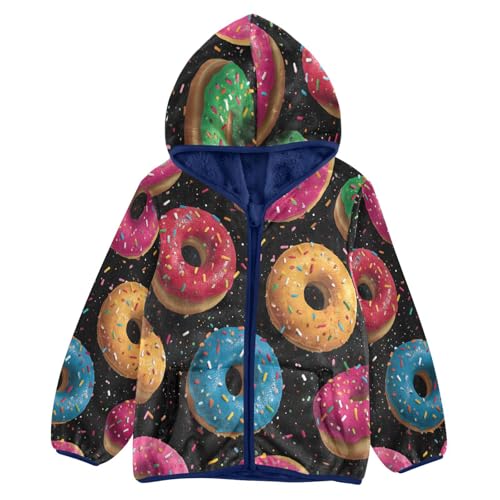 Donuts with Sprinkles on Black Toddler Fleece Jacket Girl Boys Hooded Fleece Jacket Coat Warm Outwear Zip-up 3-10T