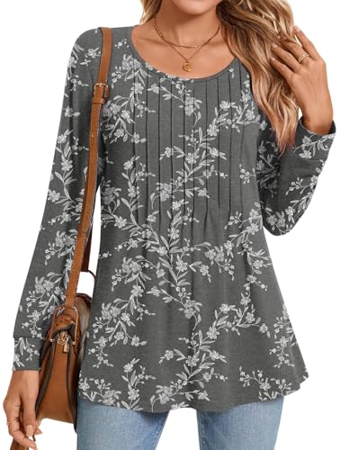 Anyhold Women's Fall Long Sleeve Tops Dressy Casual Shirts Crew Neck Tunics Pleated Blouses to wear with leggings2