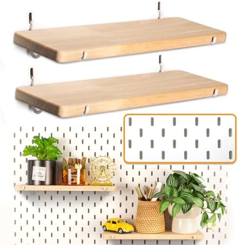 2 Pack Pegboard Shelves, Solid Wood Wall Shelf with Hooks, Compat...