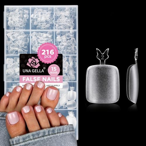 Image of UNA GELLA Toe Nail Tips Full Cover, 216 Pcs Square Round Toe Nail Press Ons Clear Pre-shape Gel Toe Nail Tips Double Matte Acrylic Fake Toenails Extensions DIY Home Nail Salon for Women, 15 Sizes