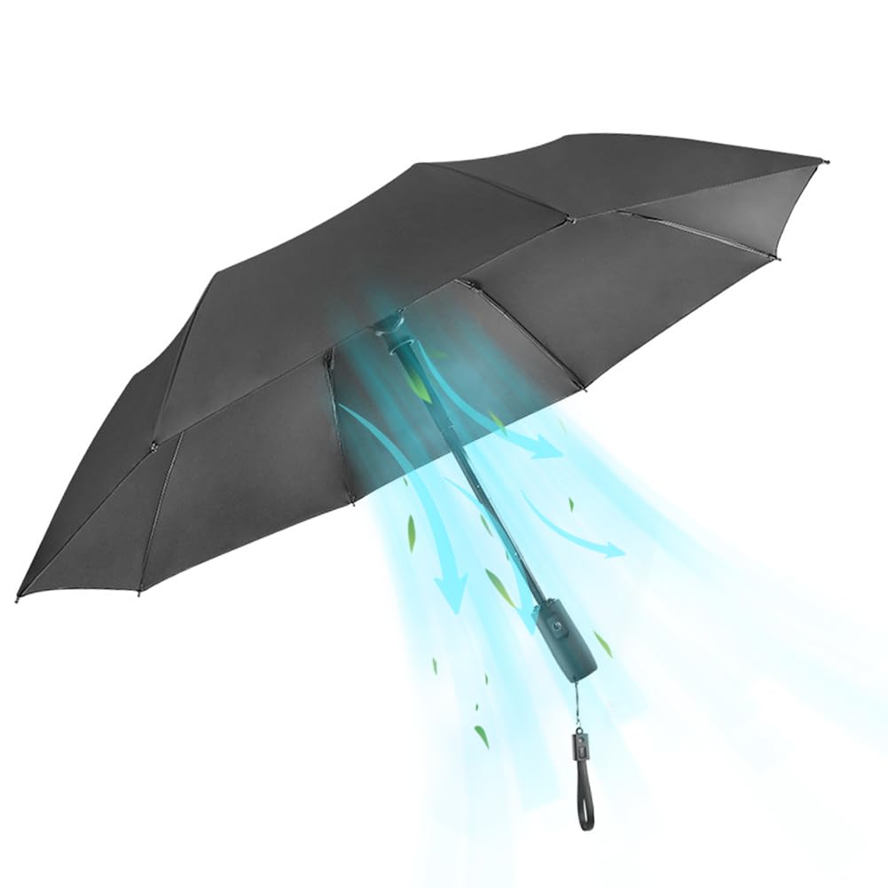 WOOLALA Paraguas UV para sol y lluvia con ventilador de refrigeración integrado, diseño plegable portátil, protección UPF 50+, recargable por USB para juegos deportivos, parques temáticos en días