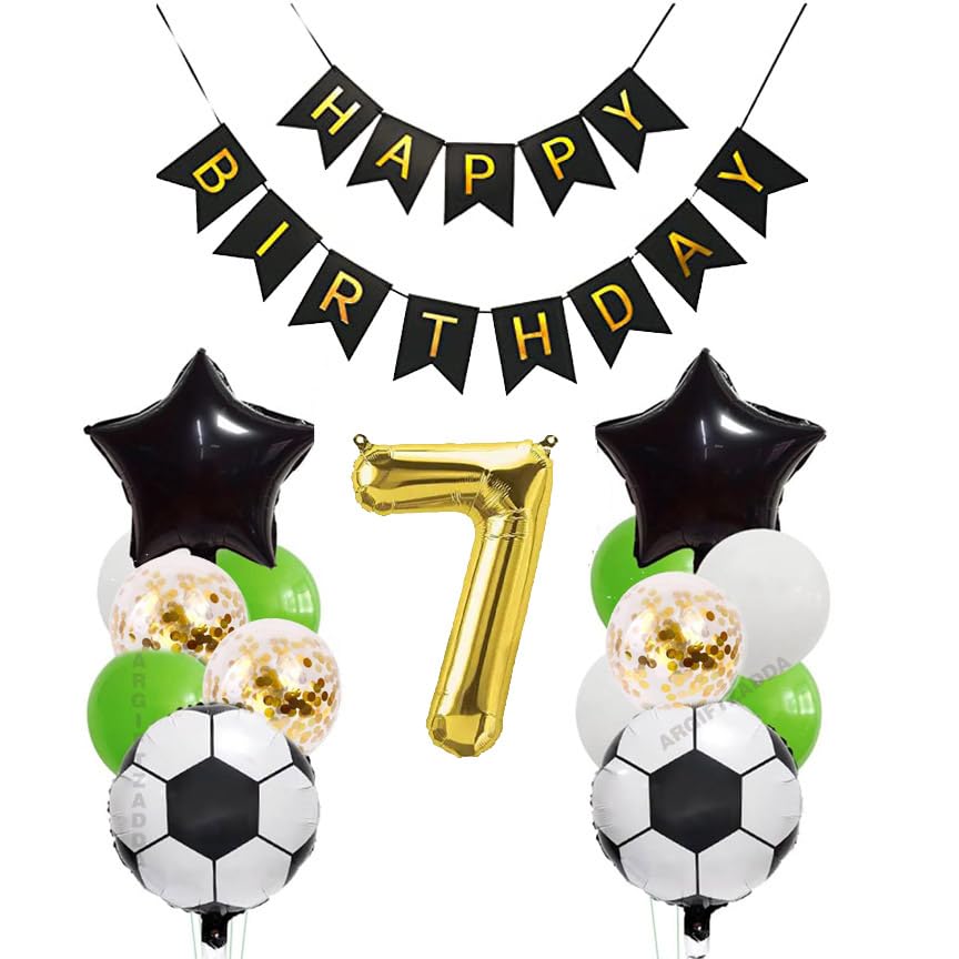 Image of AR GIFTZADDA 4D Football Black White Green Balloons Bouquet for 7th Birthday, 24 Inch Soccer Foil Balloons Football Party Decorations for Boys World Cup Theme Party (7th Bday kit, Football Foil)