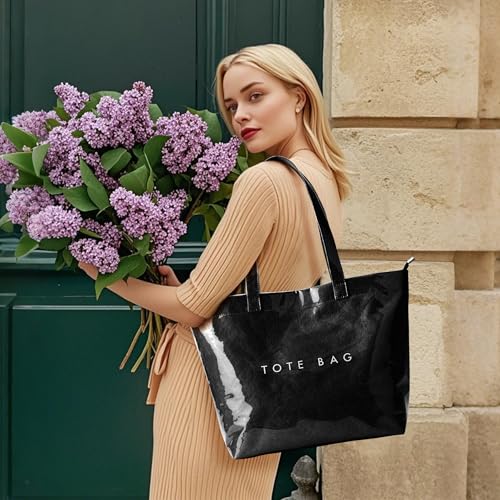 Image of KALIDI PVC Zipper Tote Bag, Jelly Kraft Paper Beach Bag Large Hobo Carry All Travel Shopping Handbag Plastic Shoulder Bag