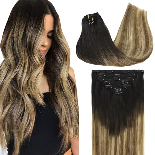 Image of GOO GOO Clip in Hair Extensions Real Human Hair, Remy Human Hair Extensions Clip ins for Women, Natural Human Hair, 14inch 120g 7Pcs, 2 /6 /18 Balayage Brown to Dirty Blonde