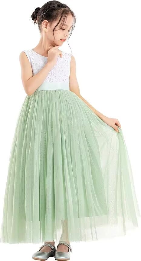 Flower Girl Dress Tulle Pageant Dresses for Girls Lace V-Back Wedding Dance Gown Birthday Dress for Girls3