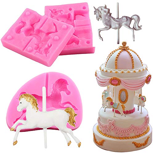 3 Pieces Carousel Horse Silicone Fondant Molds, 3D Merry-Go-Round Chocolate Lollipop Sugarcraft Gum Paste Mold for Boy Girl Baby Shower Carousel Party Cake Decorating Supplies Clay Resin Mould