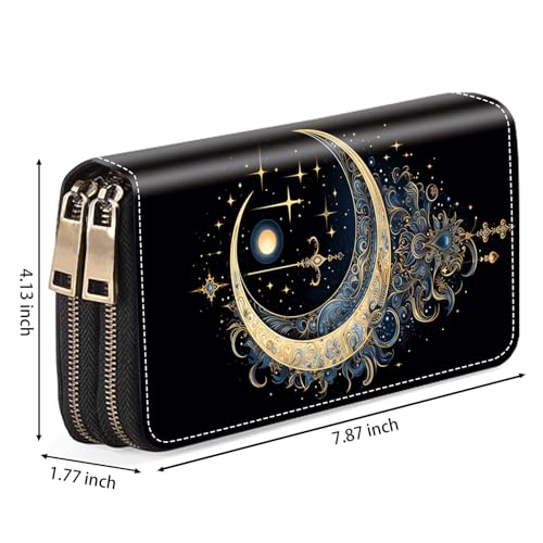 Celestial Theme Stars with Crescent Moon Print Women Large Capacity PU Leather Double Zipper Wallet, Multifunctional Clutch Purse for Cash/Card/Coin/Smart Phone2