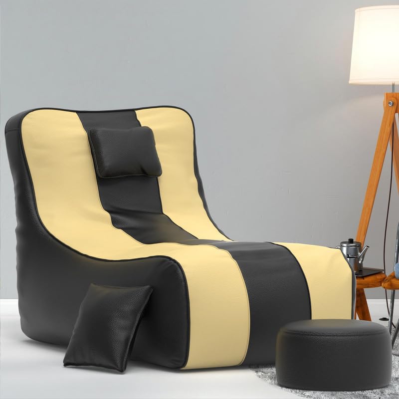 Image of Biggie Bean Bag with Beans Filled 6XL Zuno Lounger-Laziness Pro Max-Crafted for Comfort-Styled for Elegance with Free Cushion & Footrest (Matching Color : Leatherette Black Cream)