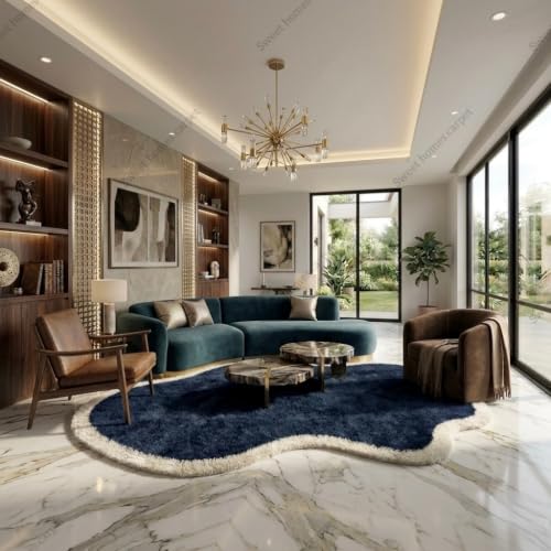 Image of SWEET HOMES Hand Made Carpet Ultra Soft Plush Irregular Shape Rug with Anti-Skid Backing. 7 x 7 Feet (213 x 213 cm), Blue /Ivory