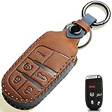ZiHafate Leather Car Key Fob Cover Compatible with Jeep Keyless Remote Control Grand Cherokee Dodge Challenger Charger Dart Durango Journey Chrysler 200 300 Fiat etc (A Style, Brown)