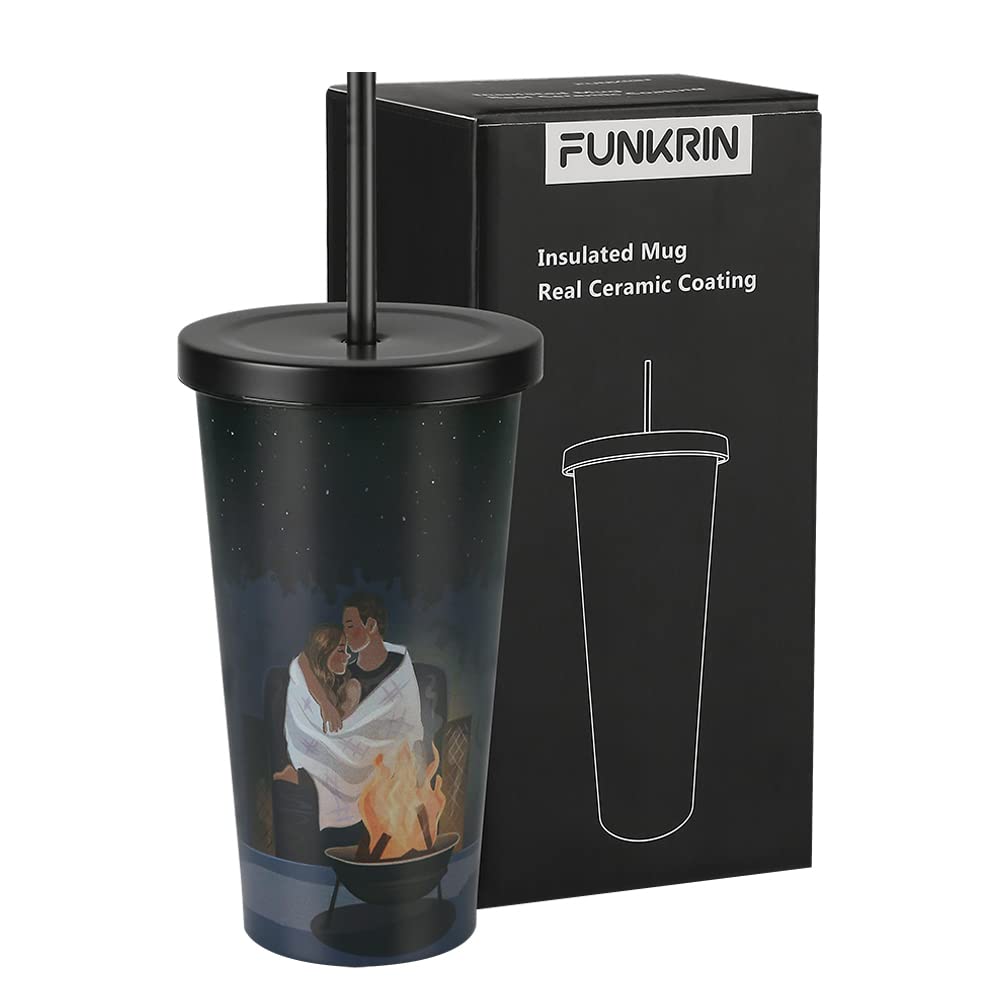 Funkrin Insulated Coffee Mug Tumbler with Lid and Straw, 18oz Ceramic