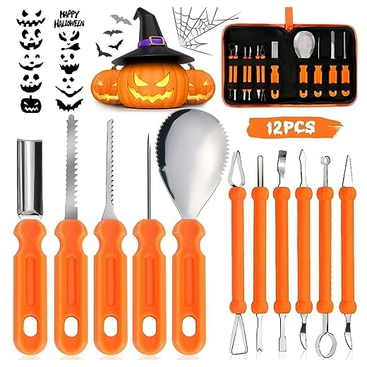 ZQEJEFD Kit de Calabaza Tallado de Halloween, 11 Piezas Juego de Herramientas para Tallar Calabazas, Acero Inoxidable Juego Calabaza para Tallar con bolsa de almacenamiento y 10 Plantilla de Grabado
