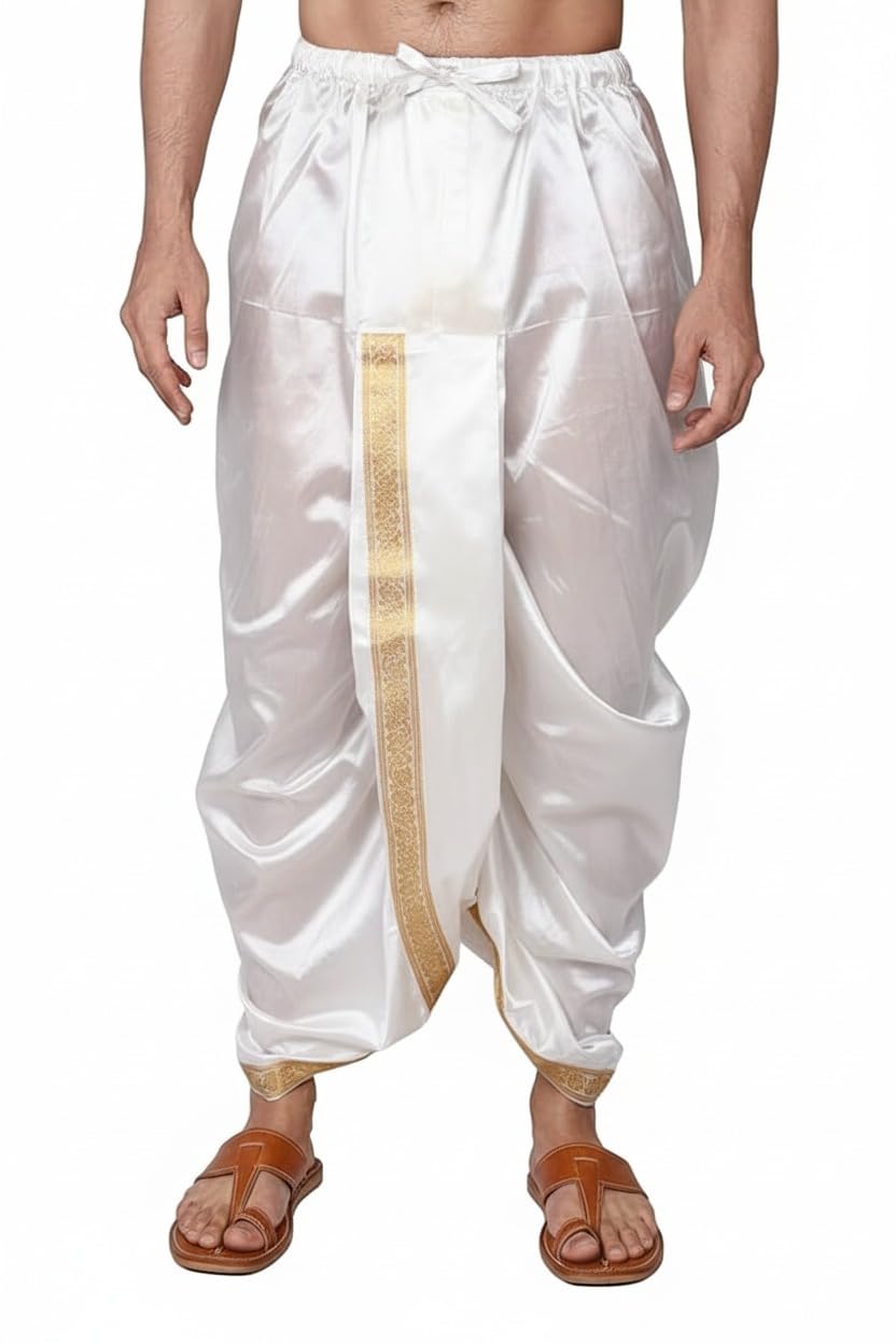 Men's Traditional Silk Blend Dhoti Pant with Golden Zari Border | Ethnic Dhoti Salwar for Wedding, Festive & Cultural Wear | White-image-44