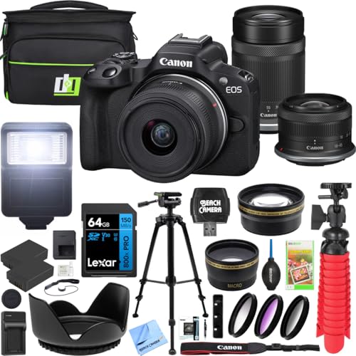 Image of Canon EOS R50 Mirrorless Camera Body with 2 Lens Kit RF-S 18-45mm is STM and 55-210mm is STM 5811C022 Bundle with Deco Gear Bag + 2 Battery +Tripod + Filters + Wide Angle & Telephoto Lenses & More