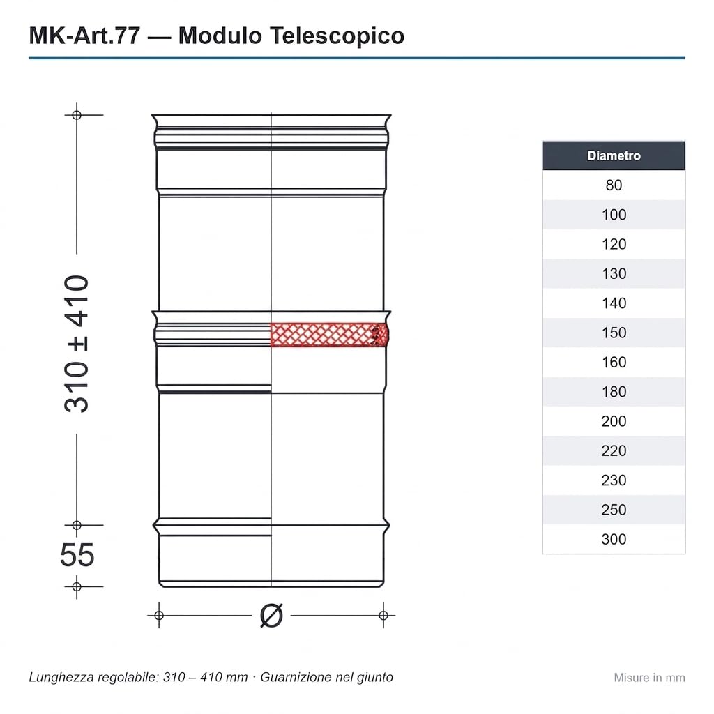 MAKA Teleskoprohr 310-410 mm Rauchrohr Ø 180 mm, Edelstahl AISI 304