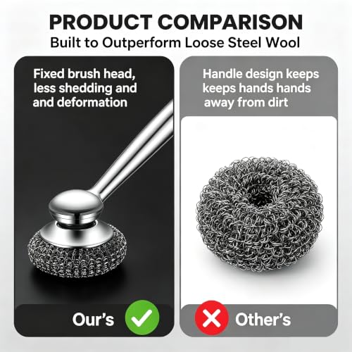 Image of Steel Wool Scrubber with Stainless Steel Handle for Cast Iron(3pcs) | Scouring Scrubber, For Pots and Pans, Grill and Stove Use, Sink Cleaning, 1 Piece
