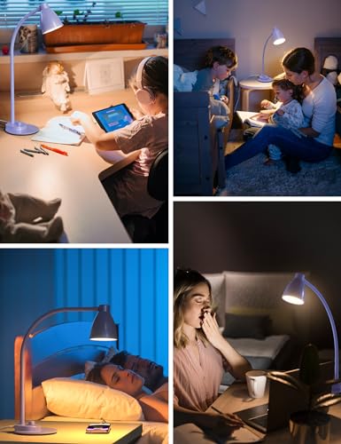 Image of BOHON LED Desk Lamp with USB Charging Port, 3 Color Modes Dim, Lilac Purple | Reading Lamp, Auto Dimming Task Lamp, Flexible Neck Table Light for Office Dorm Bedside, Adapter Include