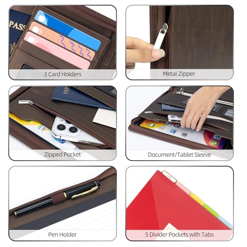 Image of Ospelelf Zippered Portfolio Binder, Leather Clipboard Folder with Storage, 3 Ring Binder 1 Inch, 12.1 inch Tablet Sleeve, 5 Dividers with Pocket, Refillable Notepad, Card Slot (Brown)