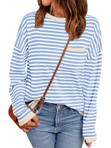 Image of LILLUSORY Womens Striped Soft Knit Pullover Sweater Loose Fit Shirts with Chest Pocket