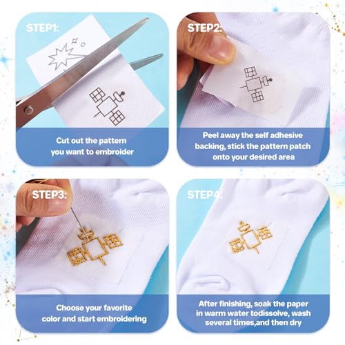 Image of Spritewelry 69 Pcs Astronaut Water Soluble Embroidery Stabilizers, Rocket Stick and Stitch Transfer Embroidery Paper Wash Away Adhesive Stabilizers for Hand Sewing Lover Adult