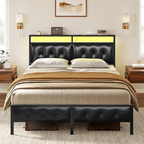 El Mejor Listado de Box Matrimonial Walmart , tabla con los diez mejores. 47 FABATO Base Cama Matrimonial con Cabecera Tapizada, Luces Led 2 Salidas de CA y 2 USB - Box Matrimonial con Plataforma de Metal, Antideslizante, sin Ruido (Negro)