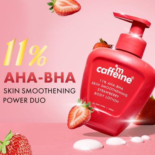 Image of mCaffeine 11% AHA BHA Strawberry Body Lotion for Skin Smoothening | Gently Exfoliates Dead, Dry, Even Tones Skin | 72hr Moisturization | Juicy Strawberry Scent, For Men & Women-200ml