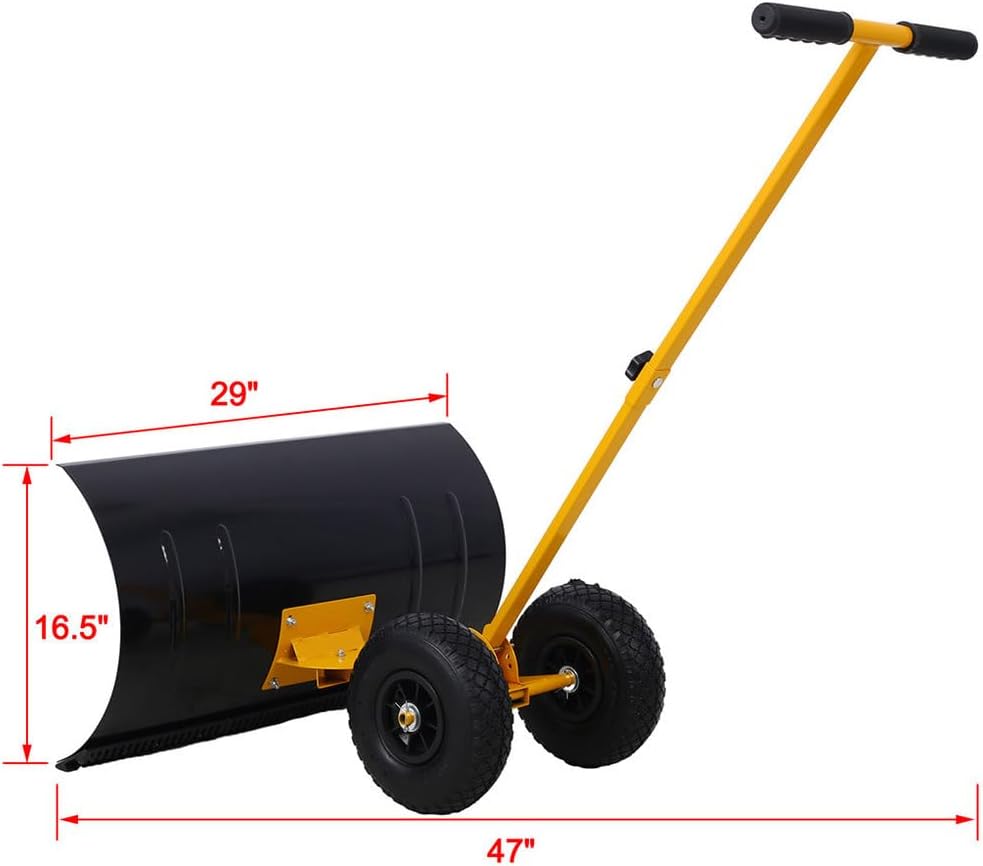 29" Heavy-Duty Snow Shovel with Wheels – Steel Frame Snow Pusher with 5-Angle Adjustable Blade, Ergonomic Cushioned Handle, 10" Anti-Skid Wheels for Driveway & Sidewalk Clearing,Yellow
