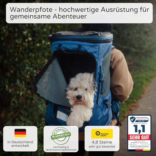 Wanderpfote Hunderucksack bis 12kg - Modell Daypack, Größe M, Blau - Premium Rucksack für kleine bis mittelgroße Hunde mit Höhenverstellbarem Tragesystem und viel Raum für den Hund