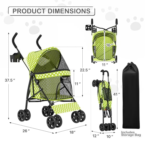 Image of MoNiBloom 4 Wheels Pet Stroller, Easy-Fold Umbrella Shaped Dog Cat Jogger Stroller w /Storage Bag & Visible Mesh for Small /Medium Dogs Cats Lawn Green Polka Dots