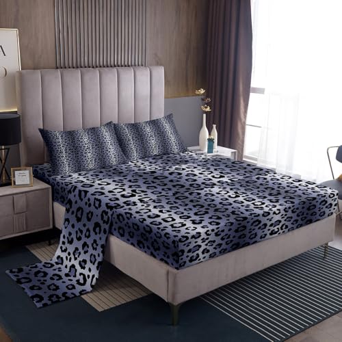 Feelyou Kids Blue Grey Black Sheet Set Leopard Stripes Sheets with Deep Pocket Fitted Sheet Leopard Print Bed Sheets Set for Teens Toddler Cheetah Fur Print Bedding Set 4Pcs