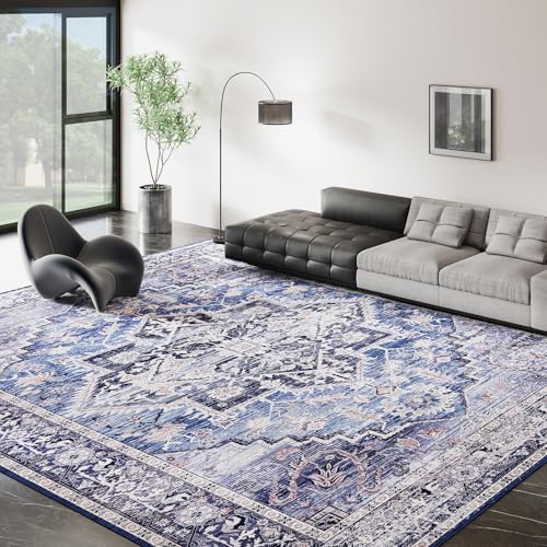 Vintage 8x10 Washable Area Rug, Low-Profile Large Area Rug with Non-Slip Backing & Durable Edge Binding, Pet-Friendly Carpet, Large Rug for Living Room, Bedroom, Dinning Room