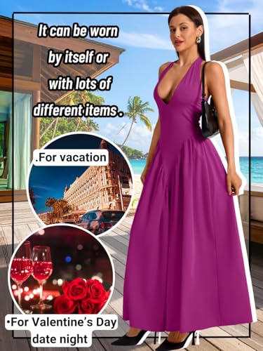 Image of ChiaoLezhee Deep V Neck Dress, Halter Maxi Dresses, Vacation Date Night, Sexy for Women Corset Flowy Wedding Guest Drop Waist