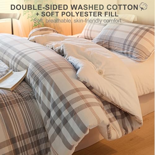 Image of 100% Cotton Comforter Set Full Size - Reversible Yarn-Dyed Checkered Design, Soft Washed Cotton on Both Sides, Lightweight All-Season Bedding, Machine Washable(Grey White Plaid, 80 inchx90 inch)