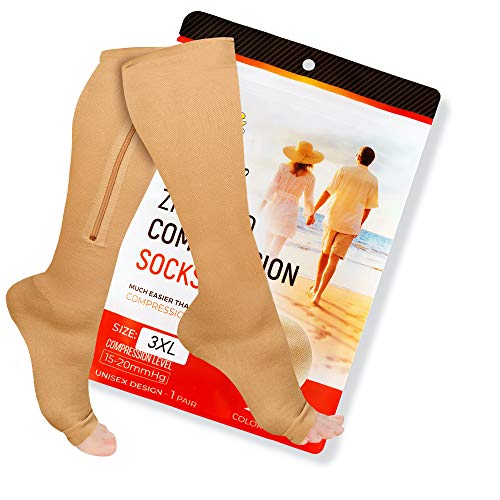 Zipper Compression Socks 15-20mmHg with Zip Guard Skin Protection & Open Toe (Sizes Med to Wide 5XL)- Medical Zippered Compression Socks for Men & Women